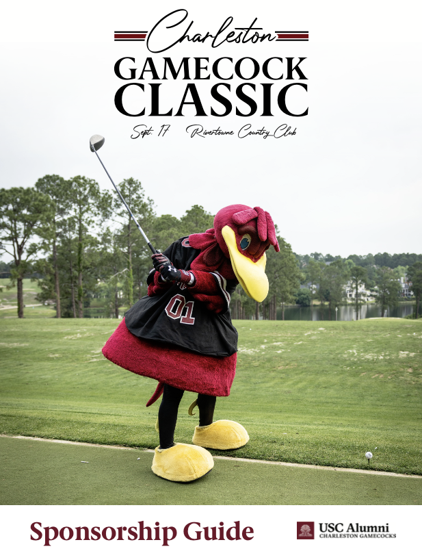 A costumed mascot resembling a Gamecock stands on a golf course, preparing to swing a golf club. The background features trees and a body of water, with text above stating "Charleston GAMECOCK CLASSIC, Sept. 17, Rivertowne Country Club" and a sponsorship guide at the bottom.